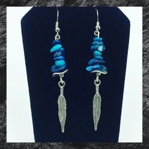 Blue coral &  leaf dangly steel earrings